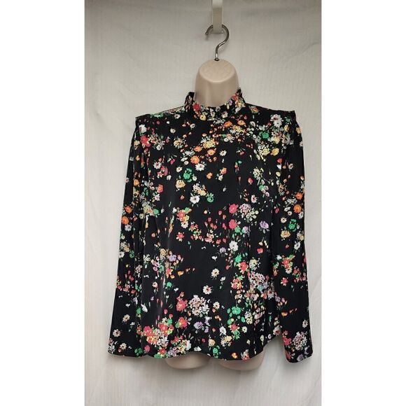H&M Defined Shoulder Crew-Neck Long Sleeve Multicolor Black Floral Blouse Size L - Picture 2 of 10